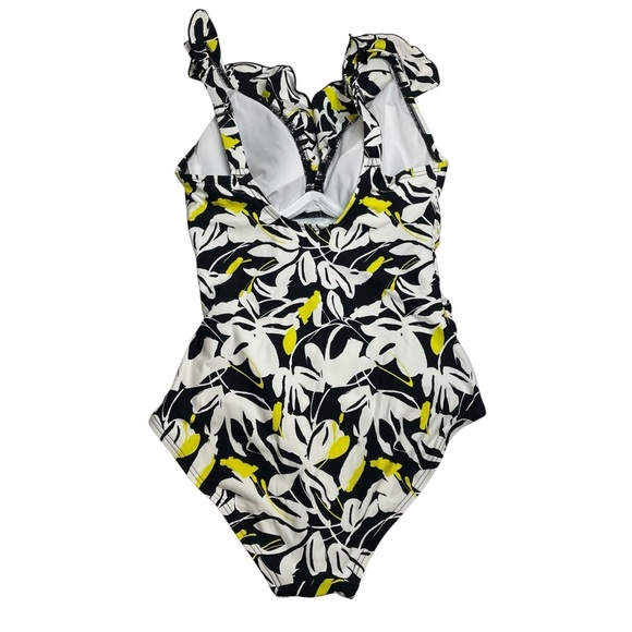 DKNY Ruffle Neck One Piece Swimsuit Fluro Yellow Multi Black Small New - Picture 7 of 8